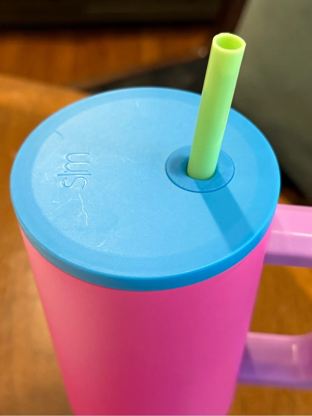 Slim Pink simple modern Travel Tumbler with Handle and Blue Lid